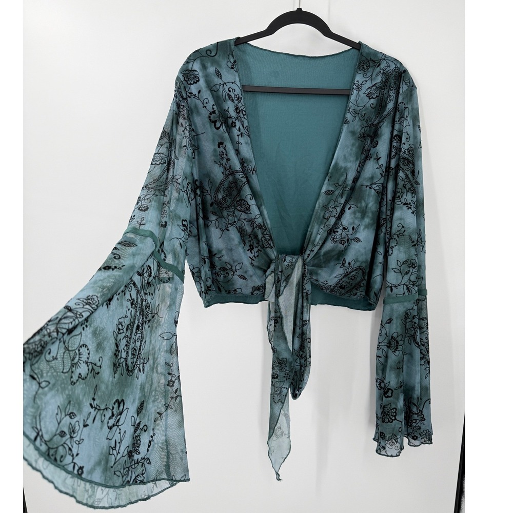 Sheer Tie Front Top Womens sz 4XL Whimsigoth Burnout Witchy Bell Sleeve